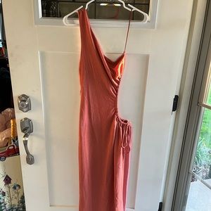 SHOP STARLOW Blanc coral ribbed one shoulder cut out leg slit maxi dress